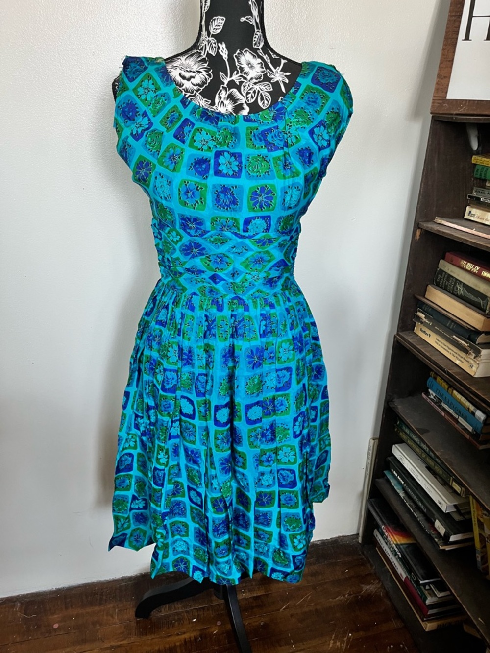 1950s Blue-Green Floral Fit & Flare Dress